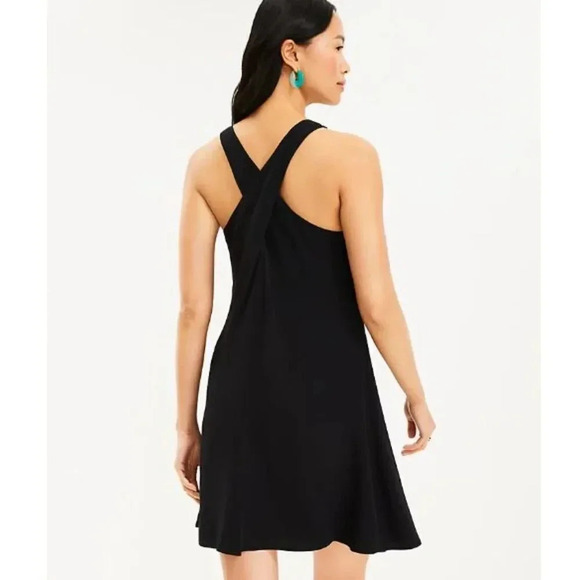 NWT LOFT Satiny Black Lined Cross Back Swing Dress Sundress M - Picture 1 of 9